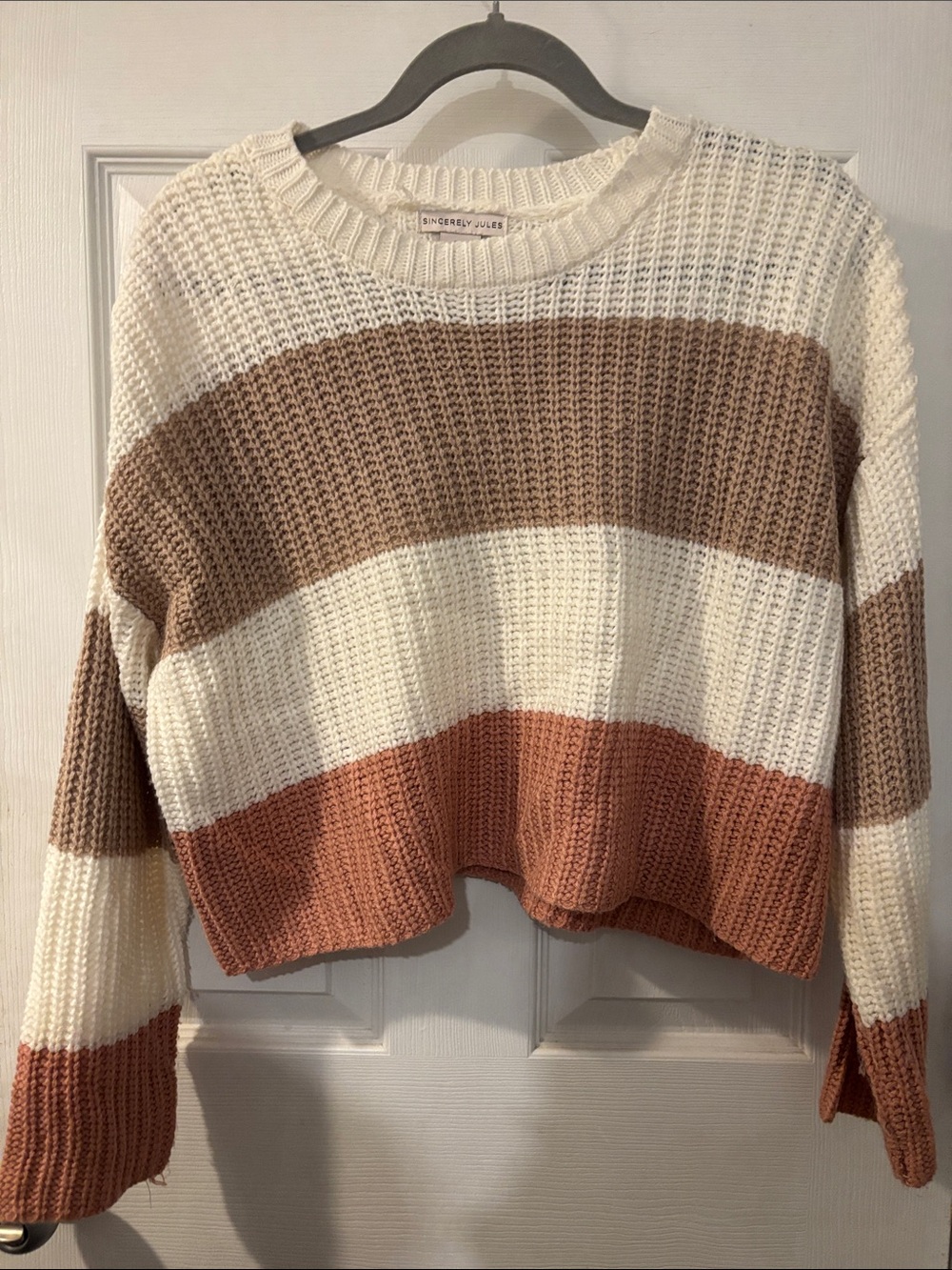 Sincerely Jules Cream, Brown & Rust Striped Cropped Crew Sweater
